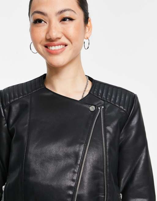 Black collarless 2024 faux leather jacket