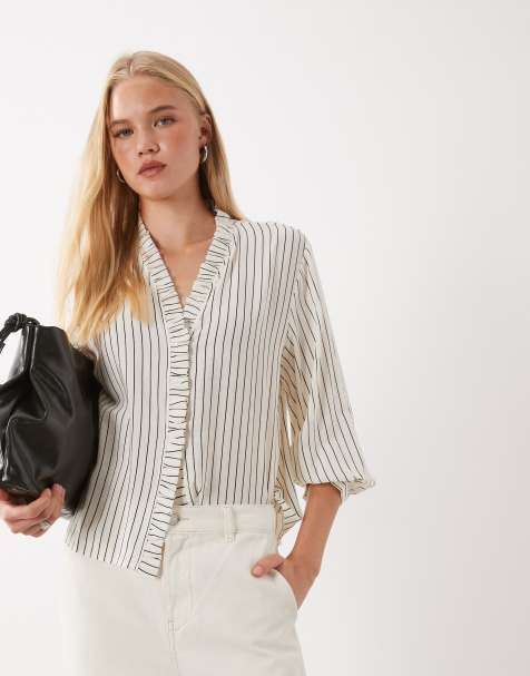 Mango collarless long sleeve blouse in ecru stripe print - view 1