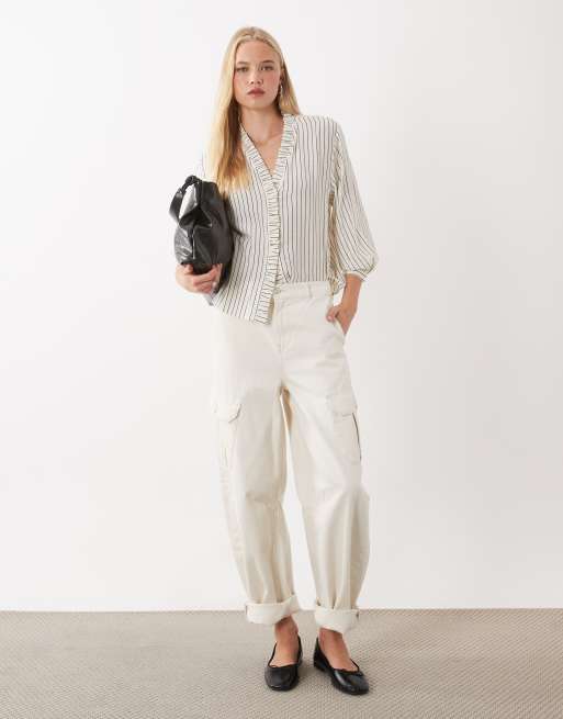 Mango collarless long sleeve blouse in ecru stripe print, 2 of 4