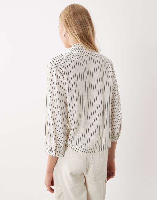Mango collarless long sleeve blouse in ecru stripe print, 3 of 4