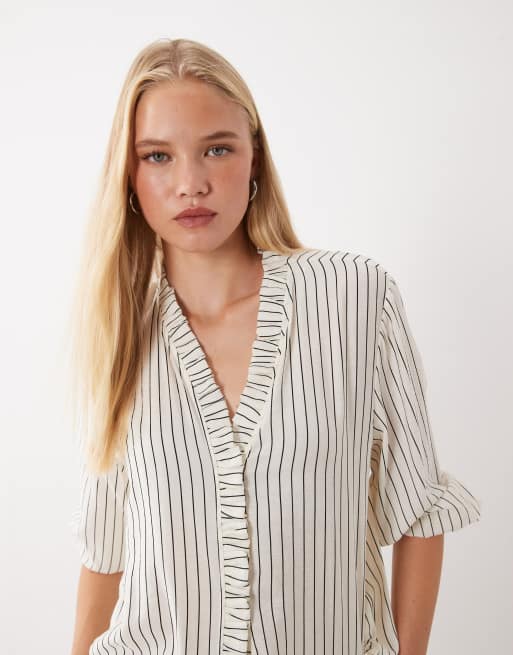 Mango collarless long sleeve blouse in ecru stripe print, 4 of 4