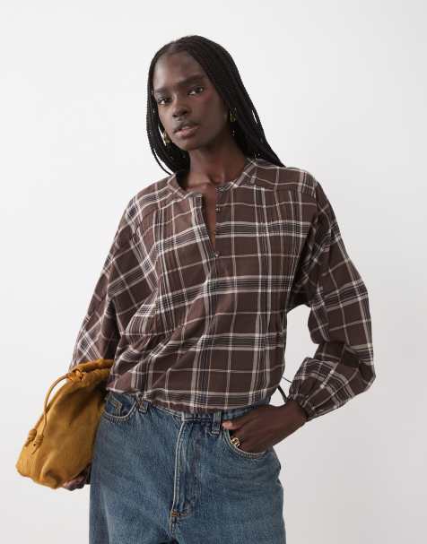 Mango collarless puff sleeve blouse in brown check print - view 1