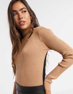 Mango Color Block Roll Neck Sweater In Camel Black Asos