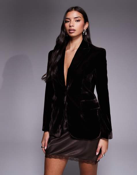 Mango Combi velvet tailored jacket in chocolate