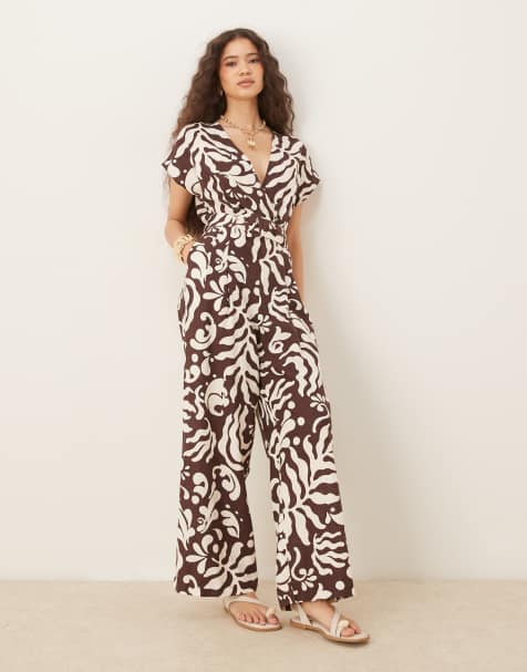 Mango - Combinaison à fleurs avec col en V et ceinture - Marron - view 1