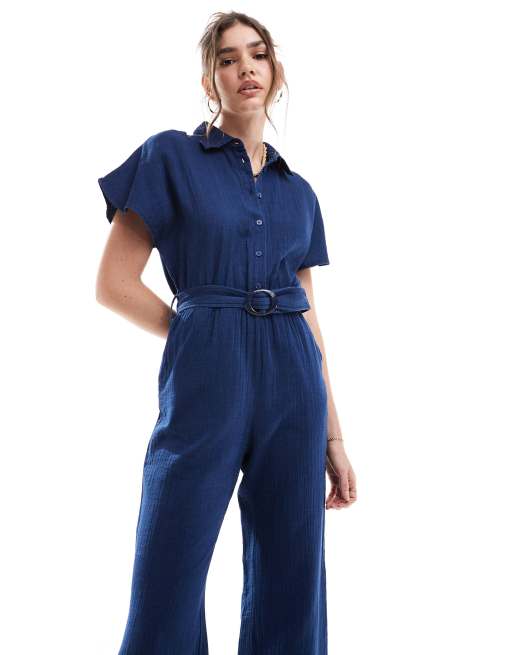 Mango Combinaison ceinturée en aspect lin Bleu foncé ASOS