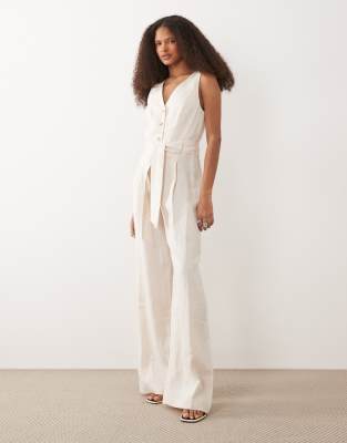 Combinaison dos nu en lin nouée à la taille - Crème-Neutral M
