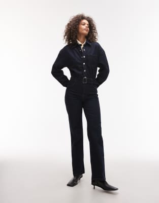Mango - Combinaison en jean avec ceinture - Bleu foncé