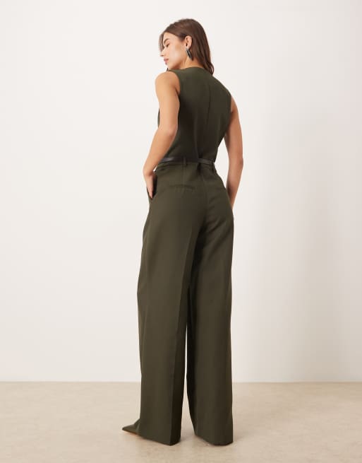 Mango - Combinaison style gilet de tailleur en laine mélangée avec ceinture - Kaki, 3 de 4