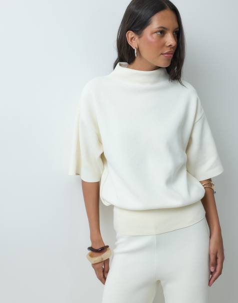 Mango Comet knit high neck drop sleeve top in ecru - part of a set - view 1