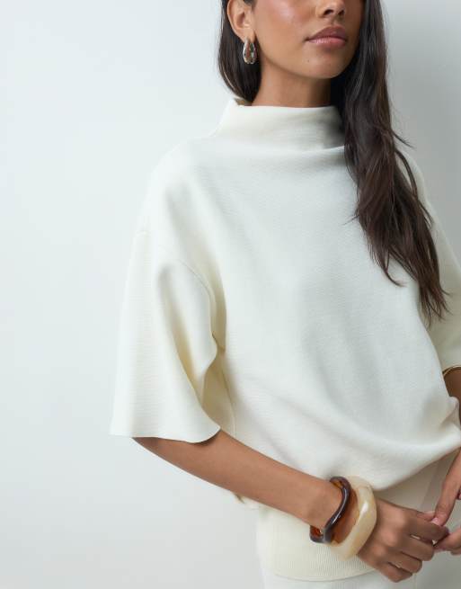 Mango Comet knit high neck drop sleeve top in ecru - part of a set, 3 of 4