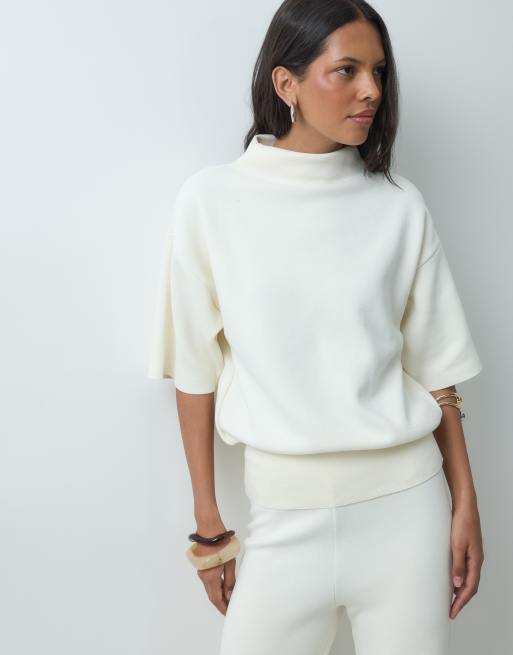 Mango Comet knitted high neck drop sleeve top & trouser co-ord in ecru, 2 of 3