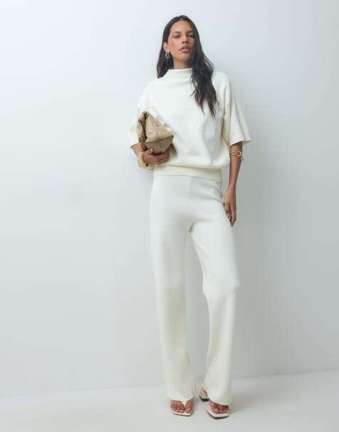 Mango Comet knitted high neck drop sleeve top & trouser co-ord in ecru - view 1