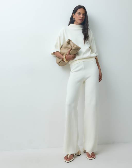 Mango Comet knitted high neck drop sleeve top & trouser co-ord in ecru, 3 of 3