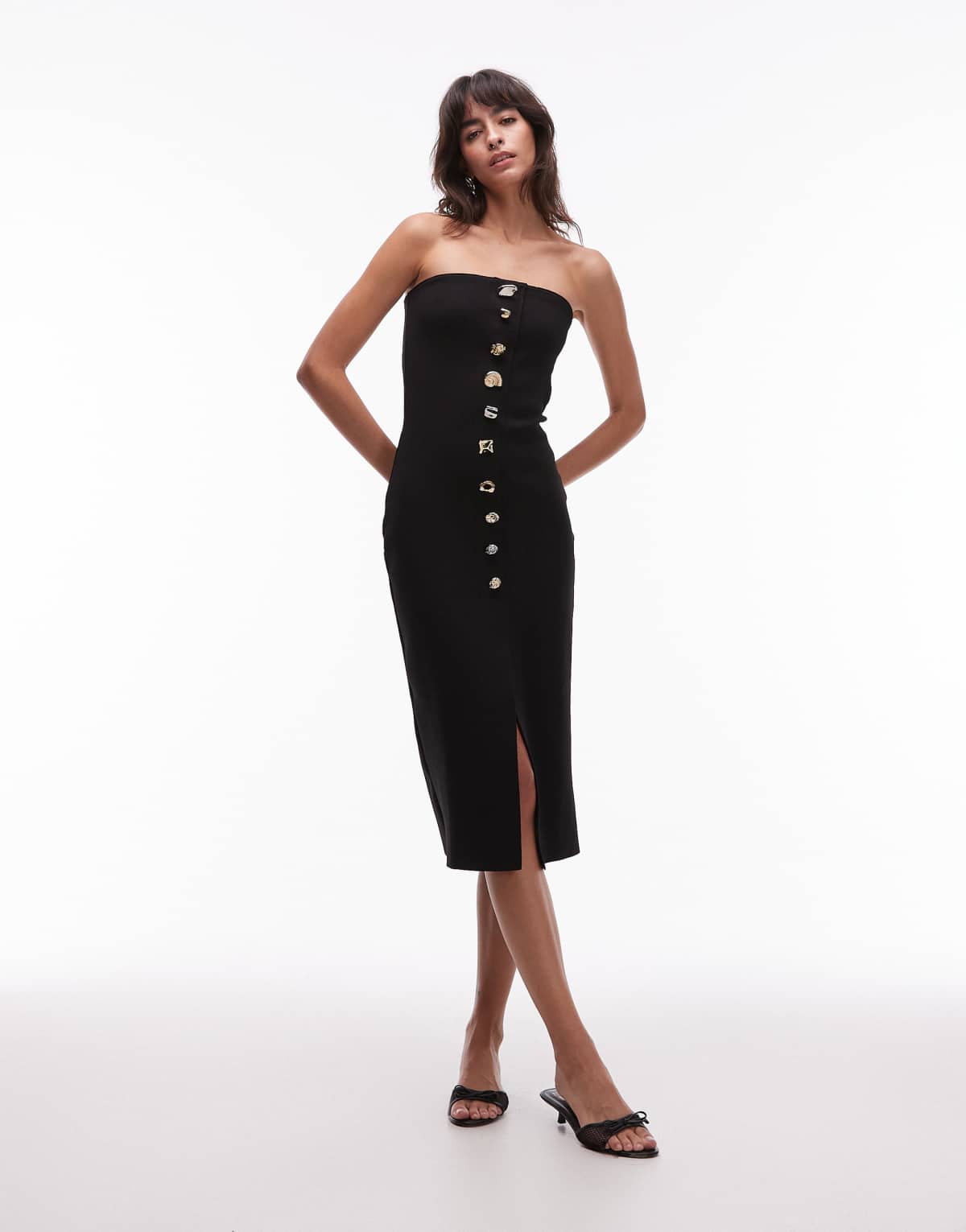 Mango compact knit bandeau midi dress with statement buttons in black