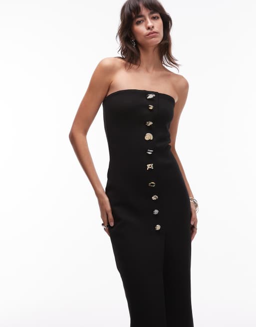 Mango compact knit bandeau midi dress with statement buttons in black