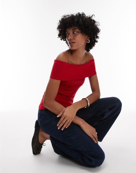 Mango compact knit bardot top in red - view 1
