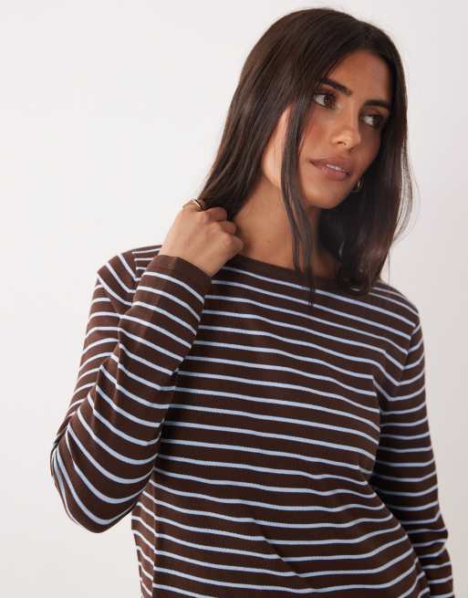 Mango compact knit boat neck long sleeve top in brown, 3 of 4