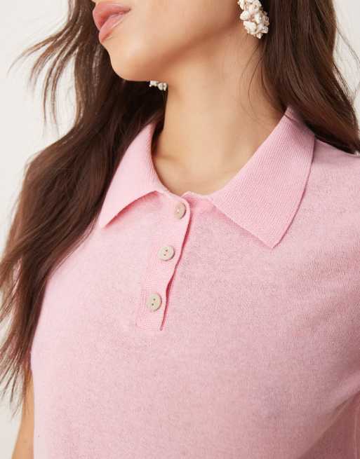 Mango compact knit cropped polo top in baby pink, 2 of 4