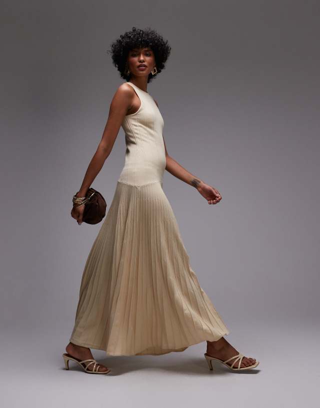 mango pleated knit dress compact dropped waist maxi in buttermilk Wolf & Badger