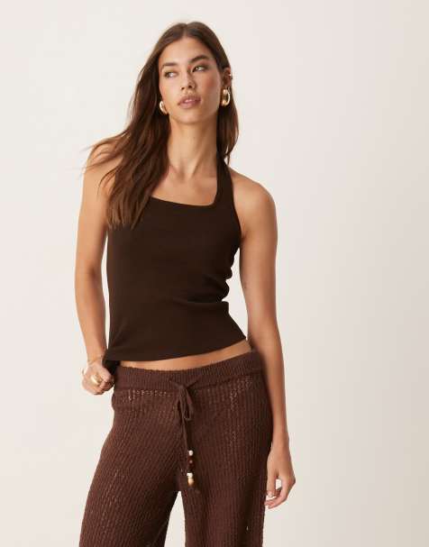 Mango compact knit halter top in chocolate - view 1