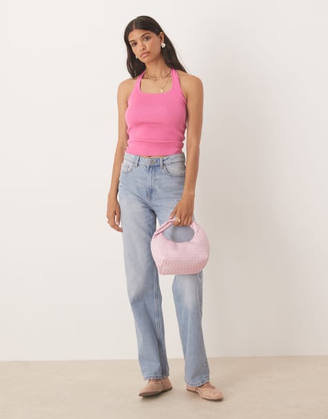 Mango compact knit halter top in pink - view 1