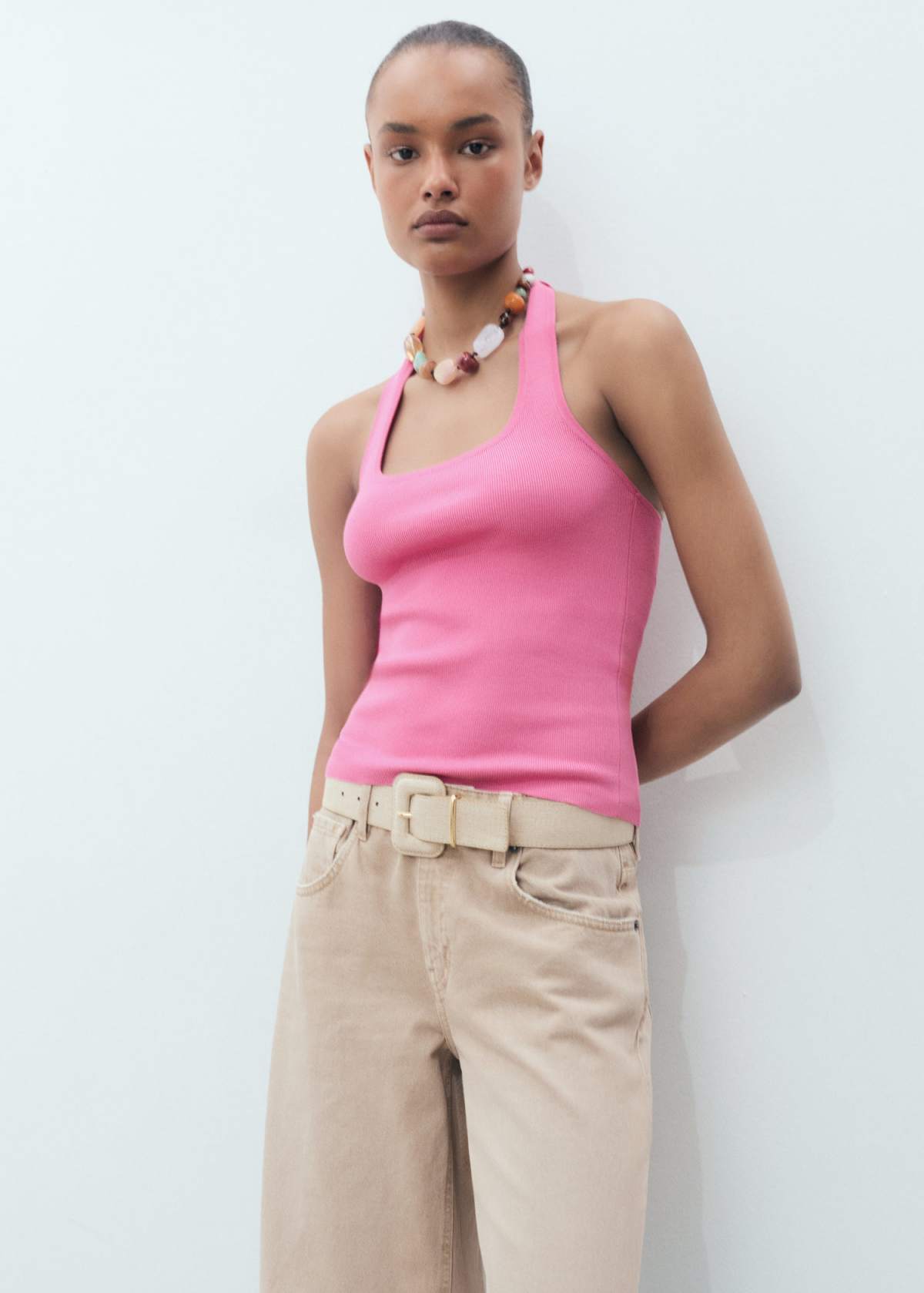 Mango compact knit halter top in pink