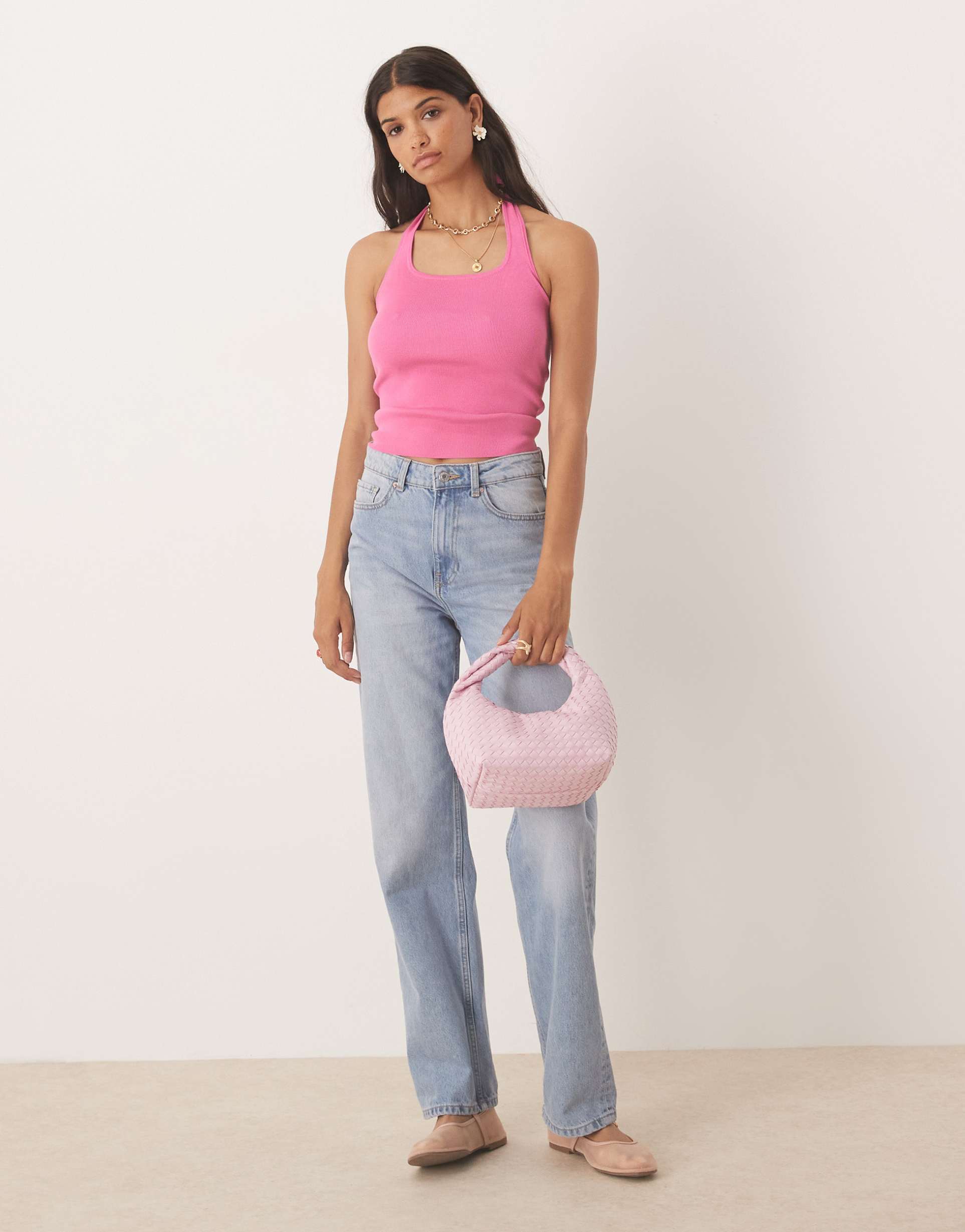 mango compact knit halter top in pink