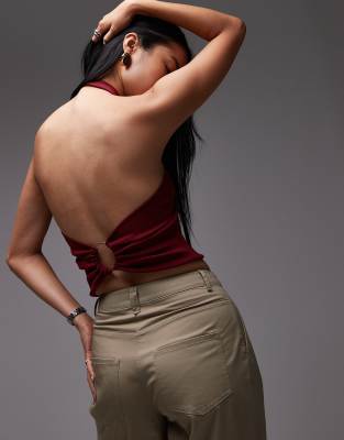 Mango Compact Knit Halterneck Top In Brown