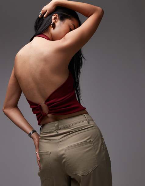 Mango compact knit halterneck top in dark red - view 1