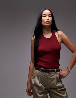 Mango Compact Knit Halterneck Top In Brown