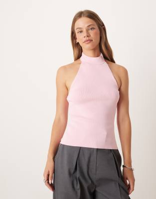 Mango Compact Knit High Neck Halter Top In Pink