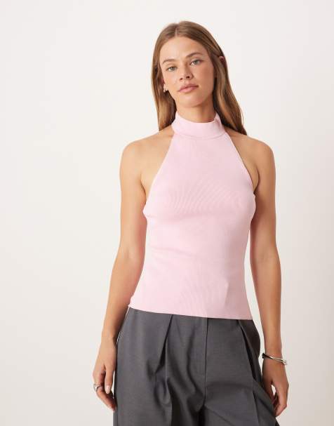 Mango compact knit high neck halter top in pale pink - view 1