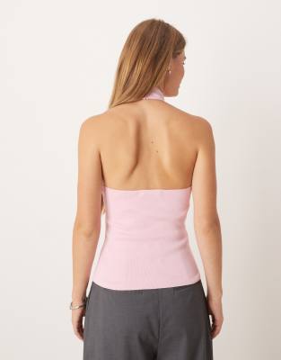 Mango Compact Knit High Neck Halter Top In Pink