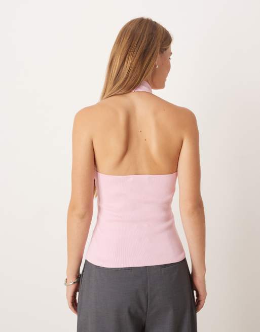 Mango compact knit high neck halter top in pale pink, 2 of 4