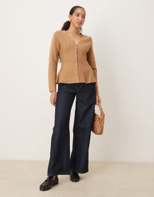 Mango Compact Knit Jacket With Flared Hem In Brown