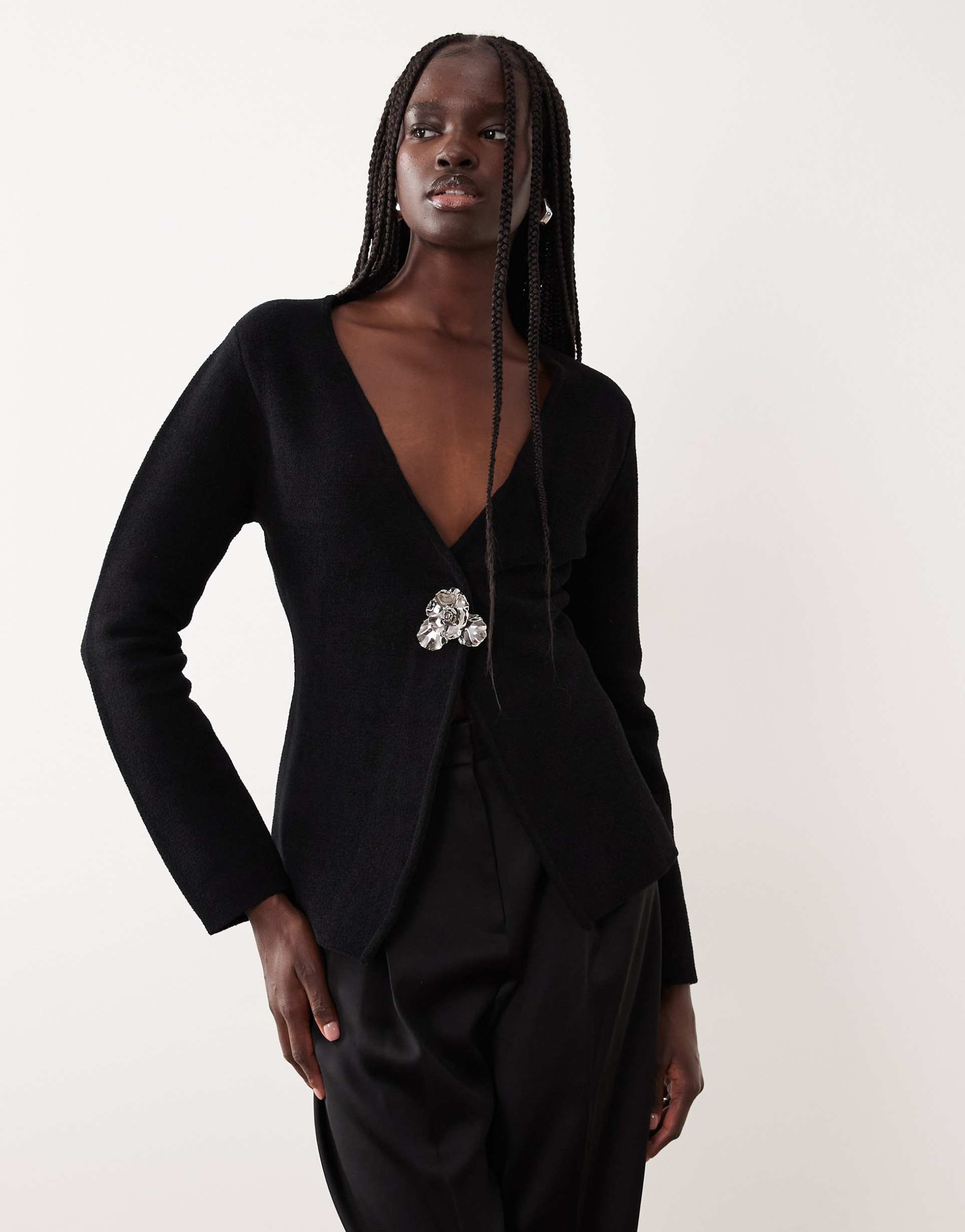 mango compact knit jacket with statement clasp in black