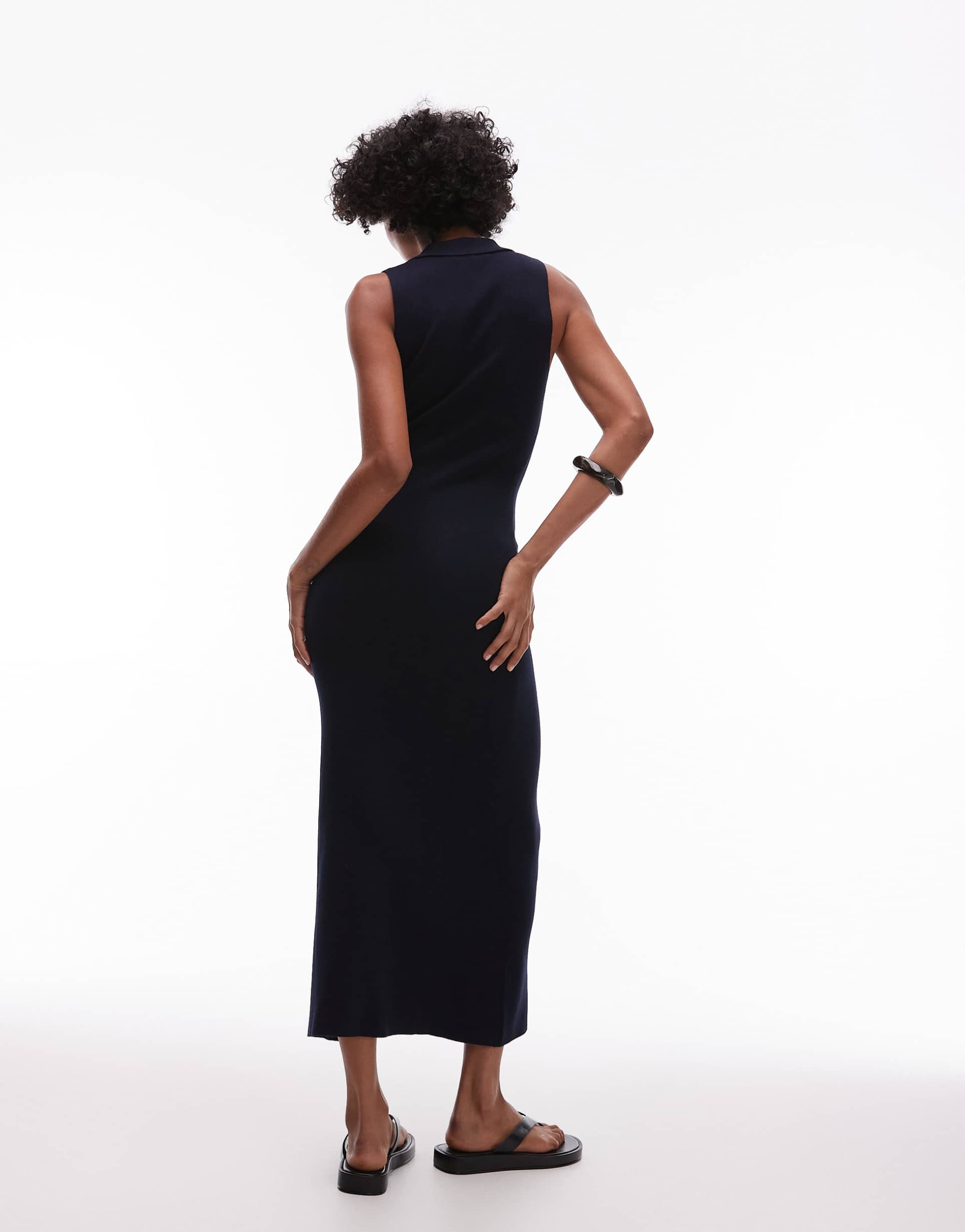 mango compact knit midi dress with u neck in navy