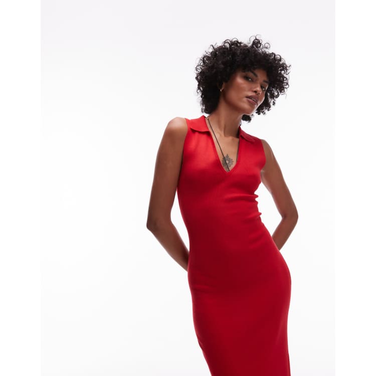Mango compact knit midi dress with u neck in red | ASOS