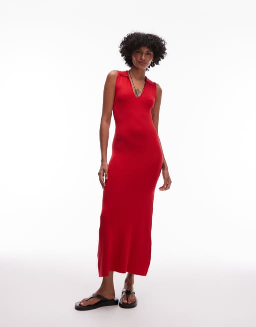 Mango compact knit midi dress with u neck in red | ASOS