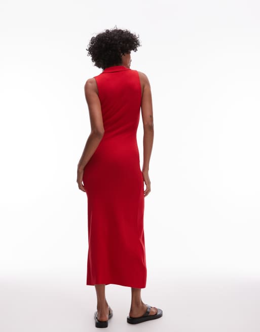 mango red knit dress Mango compact knit midi dress with u neck in red