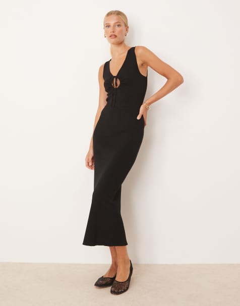 Mango compact knit midi tea dress with tie detail in black - view 1