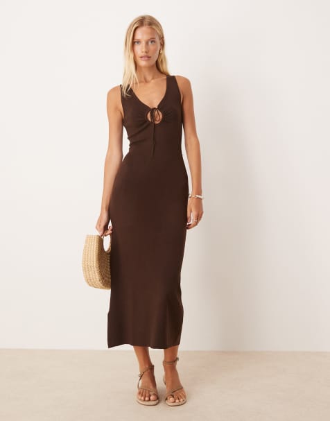 Mango compact knit midi tea dress with tie detail in chocolate - view 1