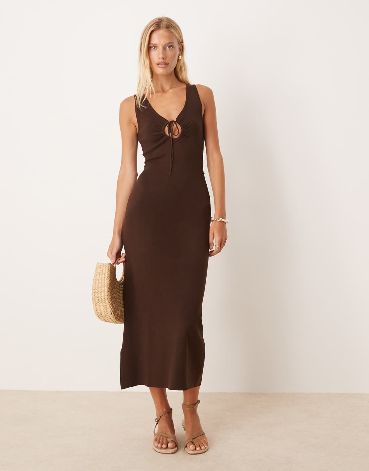 Mango compact knit midi tea dress with tie detail in chocolate