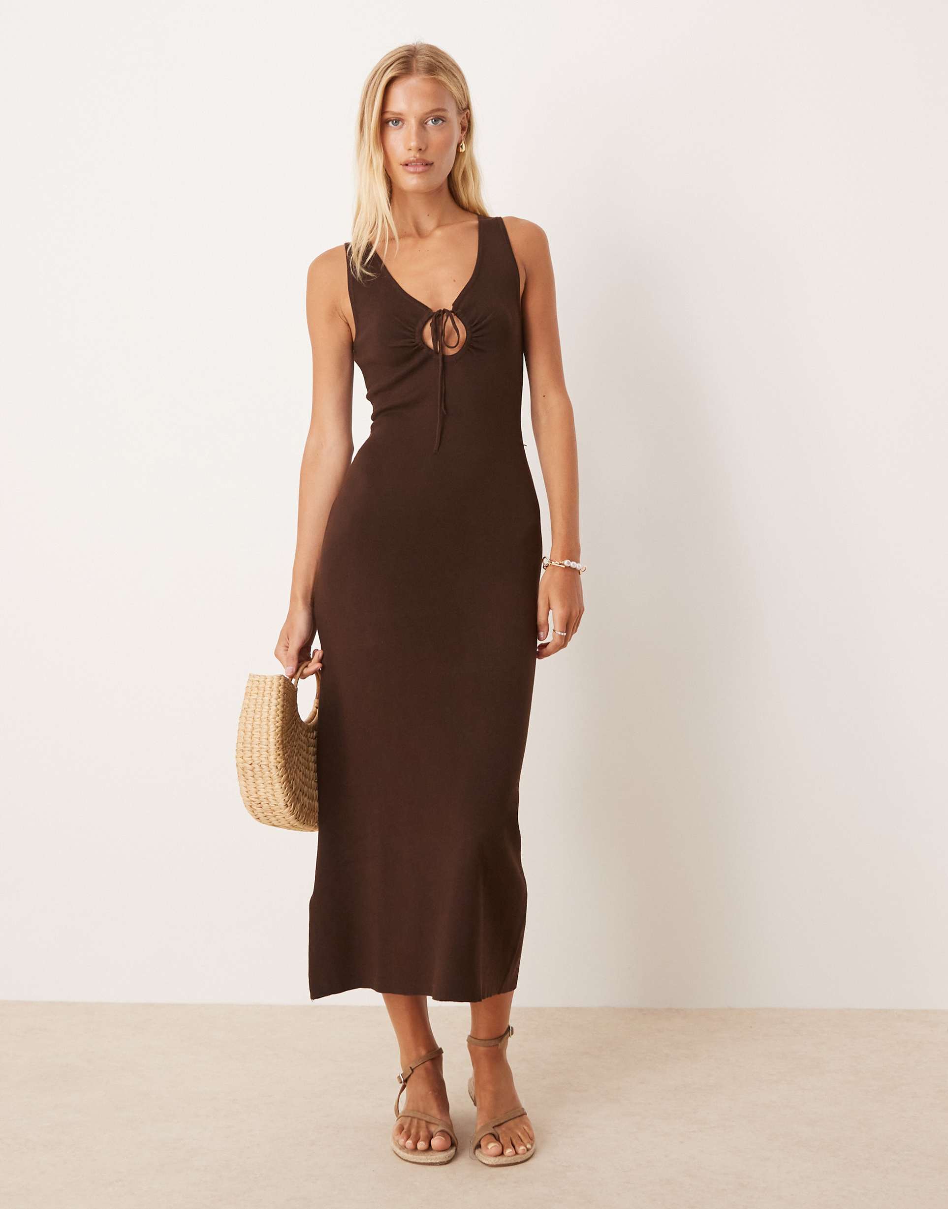 mango compact knit midi tea dress with tie detail in chocolate