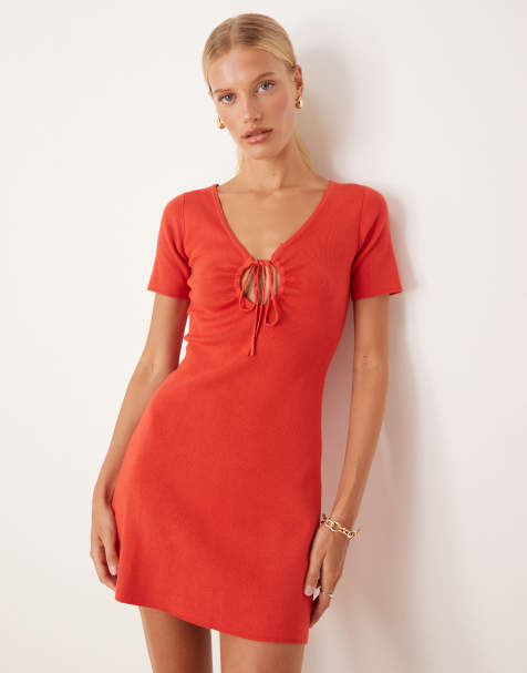 Mango compact knit mini tea dress with tie detail in red - view 1
