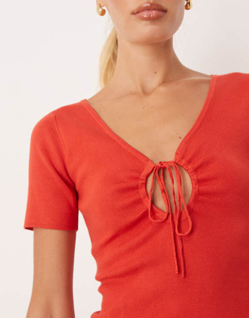Mango compact knit mini tea dress with tie detail in red, 2 of 4