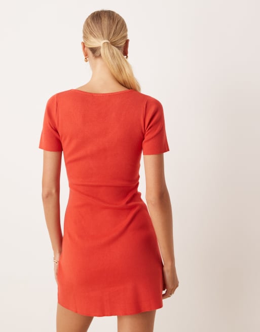 Mango compact knit mini tea dress with tie detail in red, 4 of 4
