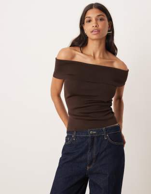 Mango Mango compact knit off shoulder top co-ord in brown
