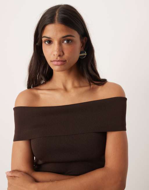 Mango compact knit off shoulder top co-ord in brown